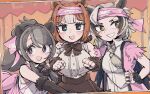  3girls absurdres animal_ears bear_ears bear_girl bergman&#039;s_bear_(kemono_friends) blush bow bowtie bright_pupils brown_bow brown_bowtie brown_eyes brown_hair character_request check_character ezo_brown_bear_(kemono_friends) grey_hair grin hair_intakes headband highres kanmoku-san kemono_friends kodiak_bear_(kemono_friends) long_hair looking_at_viewer multicolored_hair multiple_girls open_mouth parted_lips ponytail short_hair smile teeth white_hair white_pupils 