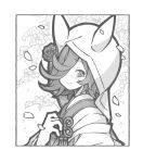  1girl animal_ears blush border closed_mouth enoki_art flower greyscale hair_over_one_eye hand_up highres hood hood_up horse_ears japanese_clothes kimono long_sleeves monochrome petals rice_shower_(umamusume) rose smile solo uchikake umamusume upper_body 