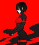  1girl android black_background black_hair blue_eyes breasts elster_(signalis) english_commentary gun handgun holding holding_gun holding_weapon looking_at_viewer medium_breasts psuede red_background short_hair signalis two-tone_background very_short_hair weapon 