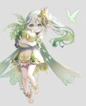  1girl 1other absurdres crystalfly_(genshin_impact) dress feet full_body genshin_impact gradient_hair green_eyes green_hair grey_background grey_hair hair_ornament highres hug long_hair multicolored_hair nahida_(genshin_impact) nuko_0108 pointy_ears short_dress short_shorts shorts shorts_under_dress side_ponytail simple_background sleeveless sleeveless_dress slime_(genshin_impact) socks toeless_footwear toes two-tone_hair white_dress white_shorts white_socks 