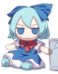  1girl absurdres blue_bow blue_dress blue_eyes blue_footwear blue_hair bow cirno closed_mouth collared_shirt cup dress drinking_glass fairy fumo_(doll) hair_between_eyes hair_bow highres ice ice_wings kame_(kamepan44231) shirt shoes short_hair short_sleeves simple_background smile solo touhou white_background white_shirt wings 