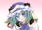  1girl :o balance_scale bangs blue_eyes blue_headwear epaulettes frilled_hat frills gradient gradient_background green_hair hair_between_eyes hat ichimura_kanata looking_at_viewer one-hour_drawing_challenge open_mouth pink_background shiki_eiki short_hair solo touhou upper_body weighing_scale 