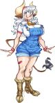  1girl absurdres animal_ears bell boots breasts cow_ears cow_girl cow_horns cow_tail cowbell ear_tag english_commentary high_heel_boots high_heels highres horns huge_breasts long_hair neck_bell nose_piercing nose_ring original overall_shorts overalls piercing ratf redesign solo standing tail tongue tongue_out white_hair 
