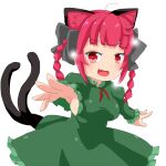  1girl animal_ears braid cat_ears cat_tail dress fang foreshortening green_dress highres himenomikan kaenbyou_rin multiple_tails nekomata open_mouth outstretched_hand red_eyes redhead solo tail touhou two_tails 