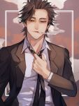  black_clover black_eyes black_hair cigarette formal gen_me highres messy_hair necktie smoke smoking suit yami_sukehiro 