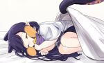  1girl :3 bed_sheet commentary_request fetal_position hololive hololive_english long_hair lying mole mole_under_eye ninomae_ina&#039;nis on_side pointy_ears purple_hair shirt sleeping takodachi_(ninomae_ina&#039;nis) tentacle_hair tentacles virtual_youtuber white_shirt yuuyu_(777) 