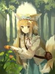  absurdres animal_ears arknights bag blonde_hair blue_hairband blue_skirt blush brown_bag cardigan cowboy_shot day flower forest fox_ears fox_girl fox_tail frilled_hairband frills green_eyes hair_down hairband heixiu highres kitsune kokao358 leaning_forward long_hair long_sleeves multicolored_hair multiple_tails nature neck_ribbon official_alternate_costume open_cardigan open_clothes orange_flower outdoors red_ribbon ribbon satchel shirt shoulder_bag skirt smile straight_hair streaked_hair suzuran_(arknights) suzuran_(spring_praise)_(arknights) tail the_legend_of_luo_xiaohei tree white_hair white_shirt yellow_cardigan 