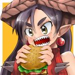 1girl black_hair burger cheese earrings eating fingerless_gloves fingernails food food_on_face gloves hat jewelry lettuce mythic_live nako_ryu open_mouth pointy_ears red_gloves sharp_fingernails sharp_teeth sleeveless sleeveless_turtleneck solo spiked_gloves spikes studiolg teeth thick_eyebrows tomato turtleneck virtual_youtuber yellow_eyes 