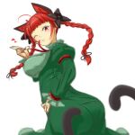  1girl animal_ears braid breasts cat_ears cat_tail eyebrows_hidden_by_hair heart himenomikan kaenbyou_rin large_breasts long_hair multiple_tails one_eye_closed red_eyes redhead solo tail touhou twin_braids twisted_torso 