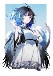  1girl antennae arknights artist_name black_hair blue_eyes blue_hair border breasts crystal dress gradient_hair hair_flaps hand_up highres kjera_(arknights) large_breasts looking_at_viewer mountain multicolored_hair outside_border short_hair smile solo tail twitter_username upper_body white_border white_dress yoshiga 