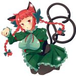  1girl animal_ears bow braid cat_ears cat_tail heart heart_tail highres himenomikan kaenbyou_rin looking_at_viewer multiple_tails nekomata paw_pose red_eyes redhead simple_background solo tail touhou twin_braids white_background 