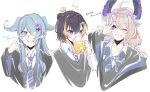  3girls ahoge bird_girl black_hair blue_eyes blue_hair blue_necktie blue_wings blush bow cardigan character_name cloak collarbone collared_shirt cross-shaped_pupils cross_hair_ornament dragon_girl dress_shirt elira_pendora enna_alouette fish_hair_ornament flower foam_mustache glasses gradient_hair grey_sweater hair_bow hair_bun hair_flower hair_ornament head_wings highres hogwarts_school_uniform hood hooded_cloak long_hair looking_at_viewer loose_necktie multicolored_hair multiple_girls necktie one_eye_covered petra_gurin piercing purple_wings quill ravenclaw school_uniform shirt short_hair smile streaked_hair sweater violet_eyes virtual_youtuber wings yukishiro_(boma_winter) 