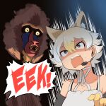  1girl animal_costume animal_ear_fluff animal_ears bare_shoulders black_jacket blonde_hair coyote_(kemono_friends) extra_ears gloves highres jacket kemono_friends kemono_friends_v_project mcgunngu microphone open_mouth shirt short_hair simple_background sweat virtual_youtuber white_shirt wolf_ears yellow_eyes yellow_gloves 