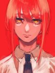  1girl bangs black_necktie blank_eyes blank_stare bonjindaaa bored braid braided_ponytail chainsaw_man collared_shirt highres looking_at_viewer makima_(chainsaw_man) medium_hair necktie ponytail red_background redhead ringed_eyes shirt sidelocks simple_background solo white_shirt 