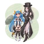  1girl 1other asymmetrical_wings black_hair blue_hair boots cup dizzy_(guilty_gear) guilty_gear guilty_gear_strive happy hat highres holding holding_cup long_hair red_eyes ribbon sangorou tail tail_ornament tail_ribbon tea testament_(guilty_gear) top_hat twintails very_long_hair wings 