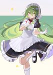  1girl alternate_costume apron black_dress black_footwear dress enmaided falken_(yutozin) foot_out_of_frame frilled_apron frilled_dress frills frog_hair_ornament gloves green_eyes green_hair hair_between_eyes hair_ornament hair_tubes highres kneehighs kochiya_sanae long_hair maid maid_apron maid_headdress puffy_short_sleeves puffy_sleeves shoes short_sleeves snake_hair_ornament socks solo touhou two-tone_background white_apron white_gloves white_socks 