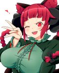  1girl ;d animal_ear_fluff animal_ears breasts cat_ears extra_ears heart highres himenomikan kaenbyou_rin large_breasts looking_at_viewer one_eye_closed open_mouth pointy_ears red_eyes redhead simple_background smile solo touhou upper_body w white_background 