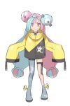  1girl bangs black_shorts boots character_hair_ornament closed_mouth commentary_request full_body green_hair grey_footwear hair_ornament iono_(pokemon) jacket kiwi_of_ruin korean_commentary long_hair looking_at_viewer pink_hair pokemon pokemon_(game) pokemon_masters_ex pokemon_sv shorts simple_background single_leg_pantyhose sleeves_past_fingers sleeves_past_wrists smile solo standing thigh_strap twintails white_background yellow_jacket zipper_pull_tab 