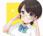  1girl bangs black_hair blue_eyes blush bow breast_pocket collared_shirt glasses highres hololive looking_at_viewer oozora_subaru pocket shirt short_hair short_sleeves smile solo star_(symbol) teeth tuta0w0 upper_body virtual_youtuber white_shirt 