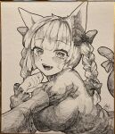  1girl :d animal_ears bow braid breasts cat_ears cat_tail highres kaenbyou_rin large_breasts looking_at_viewer monochrome photo_(medium) shikishi signature smile solo tail teeth touhou traditional_media twin_braids yomogi_0001 