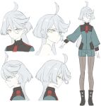  1girl grey_hair gundam gundam_suisei_no_majo long_hair long_sleeves looking_at_viewer looking_down looking_to_the_side miorine_rembran reference_sheet sakuraba_yuuki shoes shorts tagme yellow_eyes 