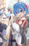 1girl apron blue_eyes blue_hair blurry blurry_background breasts cabinet cupboard depth_of_field egg eyebrows eyebrows_visible_through_hair fanart fanart_from_pixiv frying_pan hair_ornament hair_ribbon indoors kanji kettle kitchen ladle large_breasts looking_at_viewer mixing_bowl open_mouth pink_ribbon plate pot pots re:zero_kara_hajimeru_isekai_seikatsu rem_(re:zero) ribbon short_hair sink smile smiling_at_viewer solo thigh-highs window x_hair_ornament