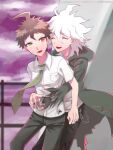  2boys :d ahoge badge bangs blurry blurry_background breast_pocket brown_hair brown_pants chain closed_eyes danganronpa_(series) danganronpa_2:_goodbye_despair facing_another green_jacket green_necktie hair_between_eyes hanabishi heterochromia hinata_hajime hood hooded_jacket hug hug_from_behind jacket komaeda_nagito medium_hair messy_hair multiple_boys necktie outdoors pants pocket red_eyes shirt short_hair smile standing teeth torn_jacket upper_teeth white_hair white_shirt yellow_eyes 