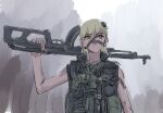 1girl ammunition_belt bare_arms binoculars black_vest blonde_hair bomb bulletproof_vest closed_mouth commando_(movie) explosive green_eyes grenade holding holding_weapon insect_hair_ornament long_hair looking_to_the_side matangom matangomu-chan muted_color original pillbug solo vest weapon weapon_request 