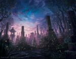  alayna_danner artist_name clouds company_name english_commentary fantasy gradient_sky graveyard highres light_particles magic:_the_gathering morning moss no_humans outdoors plant scenery sky star_(sky) starry_sky stone_lantern stone_pillar sunrise tree watermark 