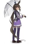  1girl absurdres admire_vega_(umamusume) animal_ears bangs blush brown_footwear full_body garoppui highres holding holding_umbrella horse_ears horse_girl horse_tail long_hair long_sleeves looking_at_viewer looking_to_the_side low_ponytail parted_lips purple_shirt purple_skirt purple_thighhighs red_eyes sailor_collar school_uniform shadow shirt shoes simple_background skirt solo standing tail tail_through_clothes thigh-highs tracen_school_uniform transparent transparent_umbrella umamusume umbrella very_long_hair white_background 
