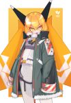  1girl :d absurdres bangs bodysuit covered_navel fangs fur-trimmed_jacket fur-trimmed_sleeves fur_trim green_jacket grey_jacket hair_between_eyes headgear highres ine_2 jacket long_sleeves looking_at_viewer open_clothes open_jacket orange_background orange_eyes orange_hair original sleeves_past_wrists smile solo thick_eyebrows twintails two-tone_background white_background white_bodysuit 
