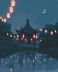  1boy absurdres architecture black_hair building crescent_moon east_asian_architecture facing_away highres lantern long_hair male_focus moon night original outdoors paper_lantern ponytail reflection reflective_water saisho_(qpoujr) scenery solo tree water 