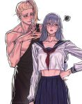  1boy 1girl angry annoyed biting blonde_hair blue_dress blue_eyes blush dress genderswap genderswap_(mtf) green_eyes grey_hair hair_ornament height_difference heterochromia highres jujutsu_kaisen lip_biting long_hair looking_at_another looking_away mahito_(jujutsu_kaisen) midriff muscular own_hands_together ponytail school_uniform shigemo_haruta side_ponytail simple_background squiggle stitched_arm stitched_face stitched_neck stitches toga twitter_username wengwengchim white_background 