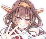  1girl absurdres ahoge brown_hair dairyo3 double_bun grin hair_bun hairband headgear highres japanese_clothes kantai_collection kongou_(kancolle) long_hair looking_at_viewer ribbon-trimmed_sleeves ribbon_trim simple_background smile solo upper_body violet_eyes white_background 