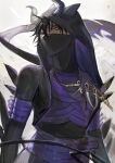  black_clover black_hair demon_horns highres hood horns jewelry looking_at_viewer nacht_faust nacht_umi necklace ninja red_eyes strap 