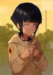  1girl bangs black_hair blunt_bangs brown_jacket headband headband_around_neck highres hood hood_down hooded_jacket hyuuga_hinata index_fingers_together jacket konohagakure_symbol long_sleeves looking_at_viewer naruto naruto_(series) nasubin_(nasubisamurai15) smile solo upper_body violet_eyes 