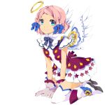  1girl bangs blue_eyes bow bowtie braid character_request copyright_request dress frilled_dress frills full_body gloves hair_bow halo highres medium_hair non-web_source pink_hair solo source_request wings 
