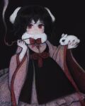  1girl absurdres alternate_costume animal black_hair blush bow dress expressionless highres holding holding_animal inaba_tewi looking_at_viewer rabbit red_eyes short_hair smoke solo svveetberry touhou wide_sleeves 