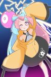 1girl :q aqua_hair arm_up blush character_hair_ornament electricity hair_ornament hand_on_hip highres iono_(pokemon) jacket looking_at_viewer multicolored_hair one_eye_closed oversized_clothes pink_eyes pink_hair pokemon pokemon_(game) pokemon_sv pud+854 solo star_(symbol) tongue tongue_out twintails two-tone_hair yellow_jacket