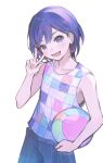  1boy ball bright_pupils collarbone holding holding_ball kel_(omori) looking_at_viewer omori open_mouth purple_hair rojiura_(rojunu11) short_hair shorts simple_background sleeveless smile solo teeth tongue v violet_eyes white_background white_pupils 