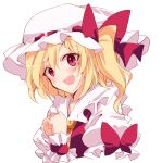  1girl :d bangs bow fang flandre_scarlet hat hat_bow highres ichimura_kanata looking_at_viewer one-hour_drawing_challenge one_side_up open_mouth red_bow red_eyes short_sleeves simple_background smile solo touhou upper_body white_background white_headwear wrist_cuffs 