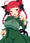  1girl :d ahoge animal_ears braid breasts cat_ears cat_tail dress fang highres himenomikan kaenbyou_rin large_breasts nail_polish red_eyes red_nails redhead smile solo tail touhou twin_braids 