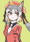  1girl absurdres animal_costume animal_ear_fluff animal_ears blazer closed_mouth fox_ears fox_girl grey_hair hat highres island_fox_(kemono_friends) jacket kanmoku-san kemono_friends kemono_friends_v_project long_hair multicolored_hair necktie orange_hair ribbon shirt simple_background solo twintails virtual_youtuber yellow_eyes 