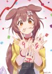  2girls :3 absurdres animal_collar animal_ears bone_hair_ornament braid brown_eyes brown_hair cat_ears collar confetti dog_ears dog_girl dog_tail fangs hair_ornament highres hololive inugami_korone jacket low_twin_braids multiple_girls nekomata_okayu null_suke sleeves_past_wrists solo_focus tail twin_braids twitter_username upper_body virtual_youtuber wristband yellow_jacket yubi_yubi_(inugami_korone) 