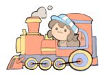  :3 brown_hair brown_jacket brown_shirt chibi colored_skin ground_vehicle hat highres jacket shirt smoke temmie_chang temmie_chang_(character) tokin_hat train wheel white_skin 