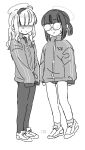  2girls bangs blue_archive blunt_bangs buruma glasses greyscale gym_uniform hair_over_eyes halo jacket kosame_(iso) millennium_science_school_student monochrome multiple_girls opaque_glasses ponytail sidelocks sketch track_jacket 