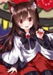  1girl animal_ears blush brown_hair dress fingernails hair_between_eyes highres imaizumi_kagerou long_fingernails long_hair long_sleeves looking_at_viewer nail_polish open_mouth red_dress red_eyes red_nails ruu_(tksymkw) smile solo touhou white_dress wide_sleeves wolf_ears 