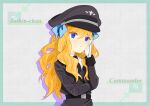  1girl blonde_hair blue_eyes gloves hat highres jashin-chan jashin-chan_dropkick looking_at_viewer military military_hat military_uniform monocle monster_girl peko_unseen uniform white_background white_gloves 