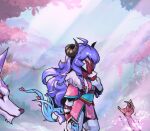  1girl 1other ahoge arm_at_side arm_up bow bow_(weapon) braid brown_gloves day from_side fur_trim gloves grey_pants hair_bow hand_on_own_face hand_up holding holding_bow_(weapon) holding_weapon horns kindred_(league_of_legends) lamb_(league_of_legends) league_of_legends long_hair long_sleeves mask multicolored_hair orange_bow orange_eyes outdoors pants phantom_ix_row sheep_girl shiny shiny_hair spirit_blossom_kindred standing tree two-tone_hair weapon wolf_(league_of_legends) 