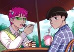  2boys artist_name black_eyes black_hair chair coffee_jello commentary crossover dated day drinking drinking_straw green_sweater_vest hair_ornament kageyama_shigeo long_sleeves male_focus marycrispies mob_psycho_100 multiple_boys outdoors pink_hair plaid plaid_shirt plaid_sweater_vest saiki_kusuo saiki_kusuo_no_psi_nan shirt short_hair sitting spoon sweater_vest table tinted_eyewear trait_connection white_shirt 